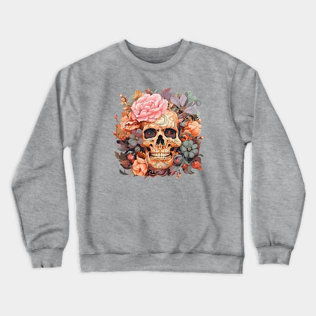 Falling Petals Rising Spirits, Autumn Sugar Skull Crewneck Sweatshirt by Nebula Nexus